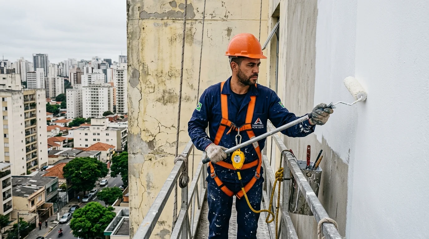 Pintura de fachada predial em São Paulo — equipe Senhor Fachadas em balancim