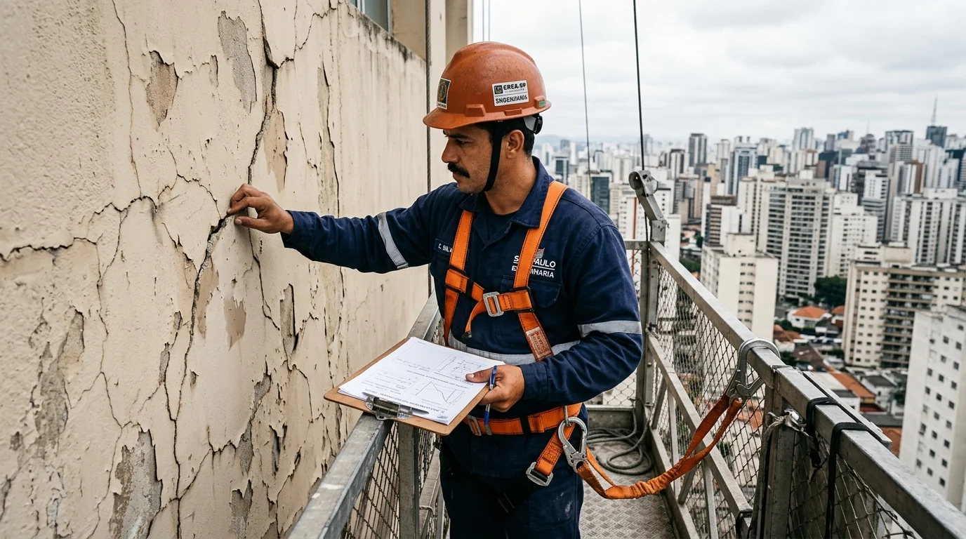 Vistoria técnica em fachada deteriorada — diagnóstico de patologias prediais em São Paulo